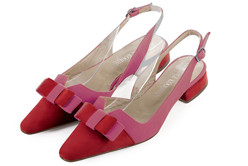 Cardinal red and hot pink women's open back shoes, with a knot. Tapered toe. Flat block heels. Front view - Florence KOOIJMAN